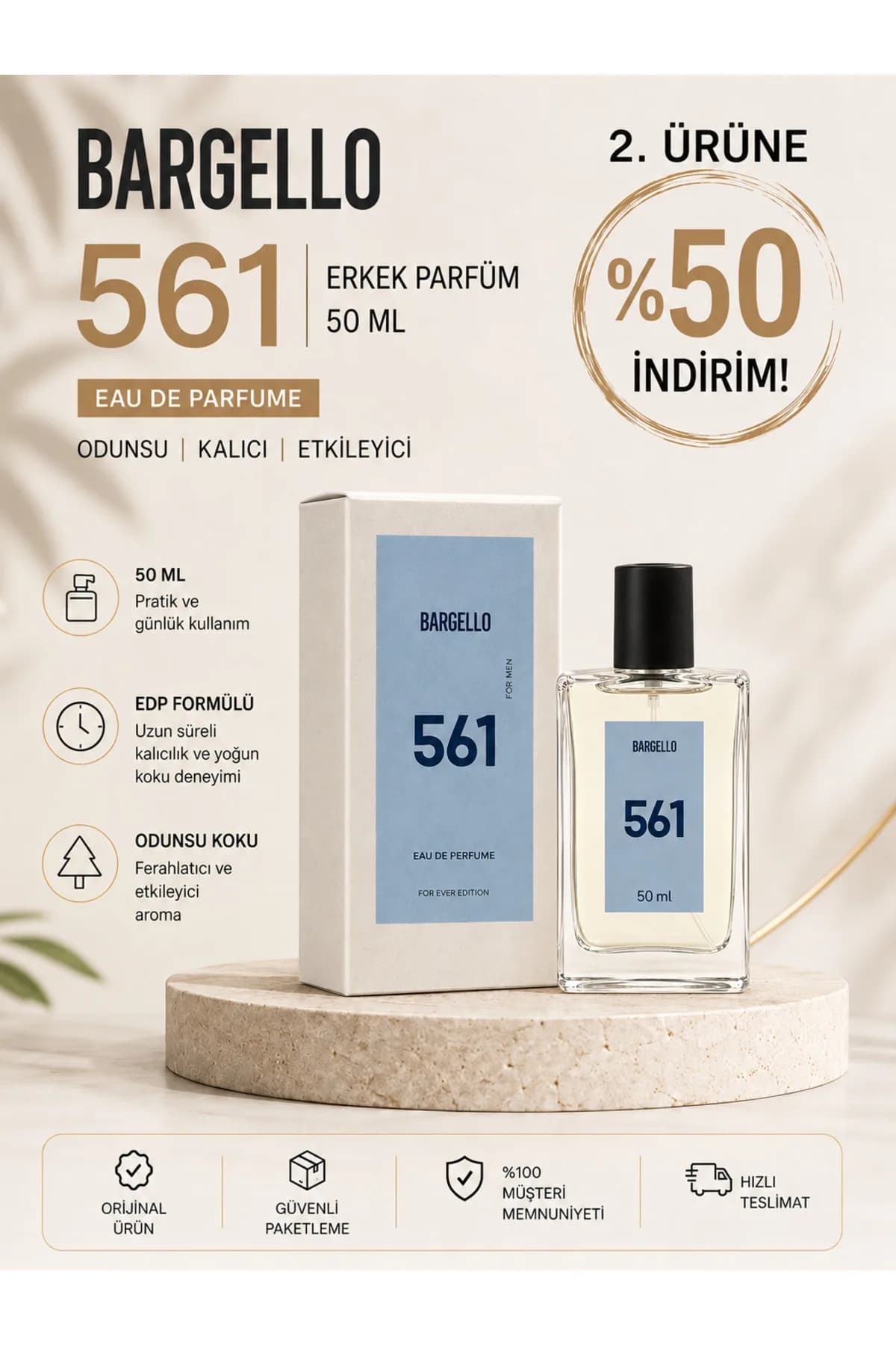 Bargello 561 Fresh 50 ml EDP erkek parfüm şişesi ve kutusu