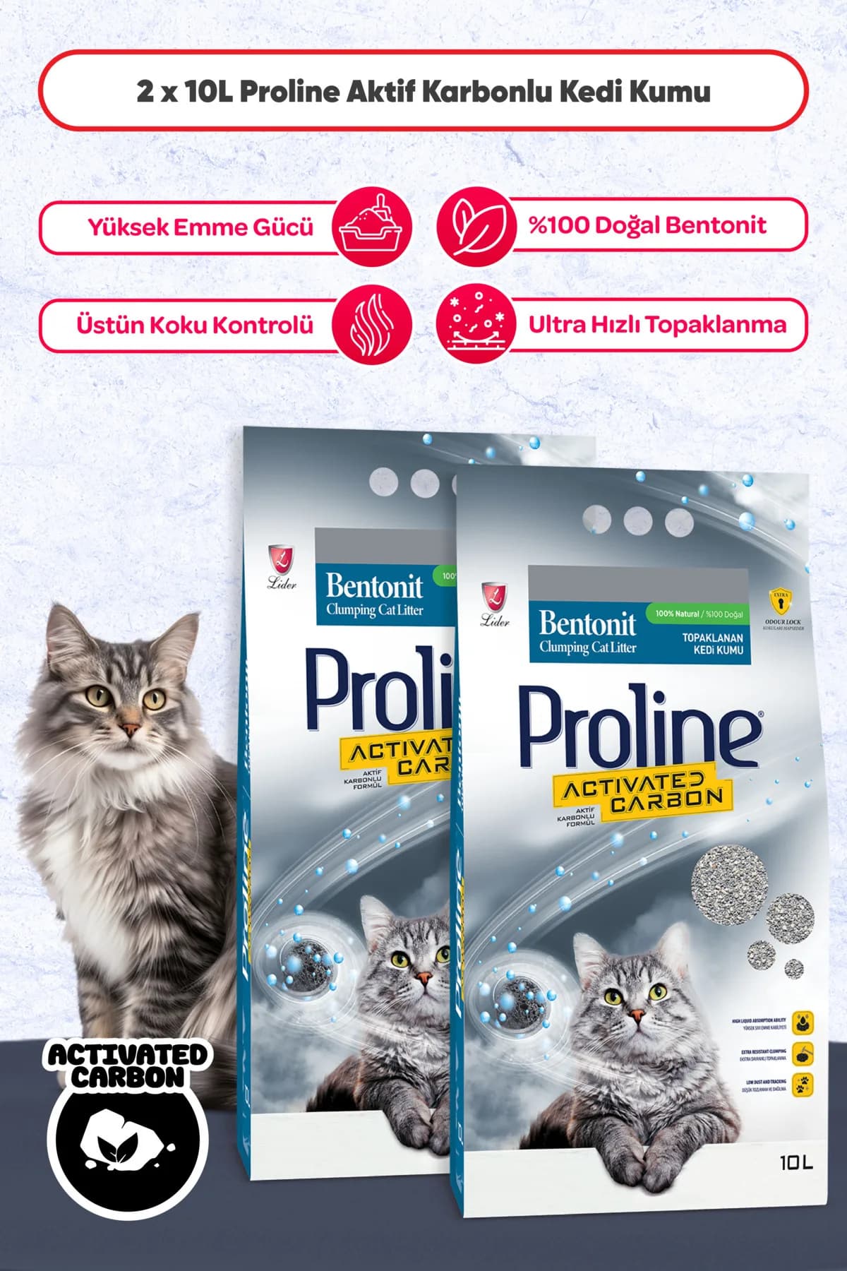 Proline Aktif Karbonlu Topaklanan Kedi Kumu 2 x 10 L