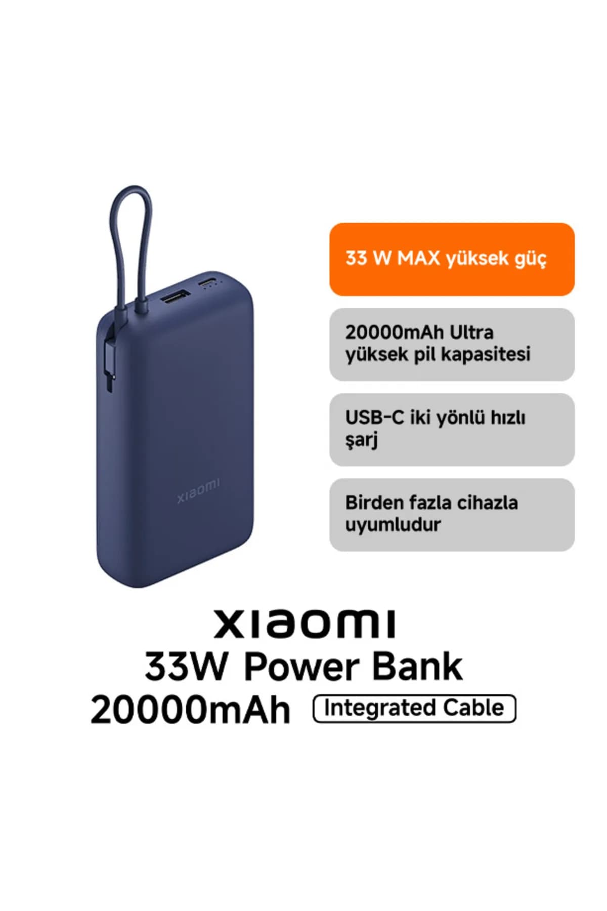 Xiaomi 20000 mAh 33 W entegre USB-C kablolu powerbank