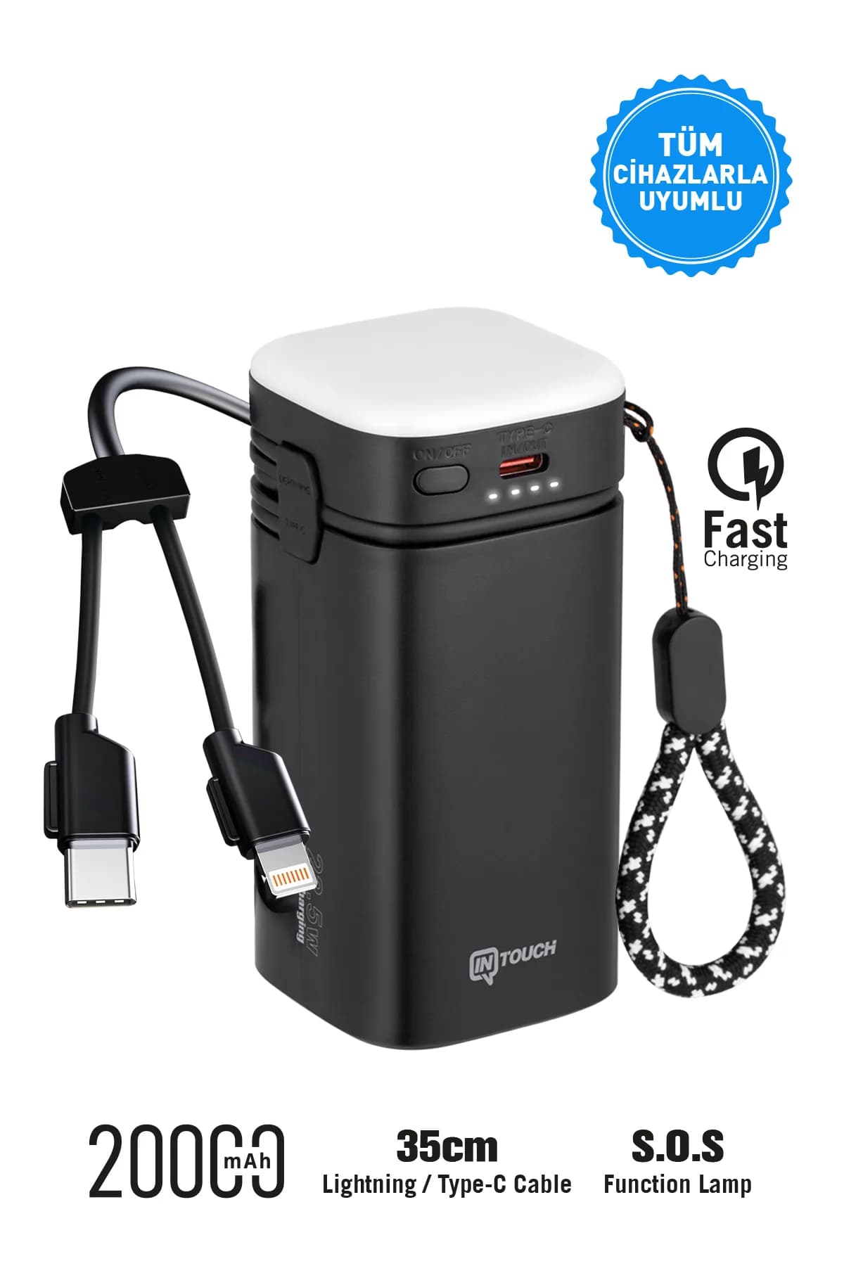 İntouch 20000 mAh 22,5 W Kablolu Kamp Lambalı Powerbank