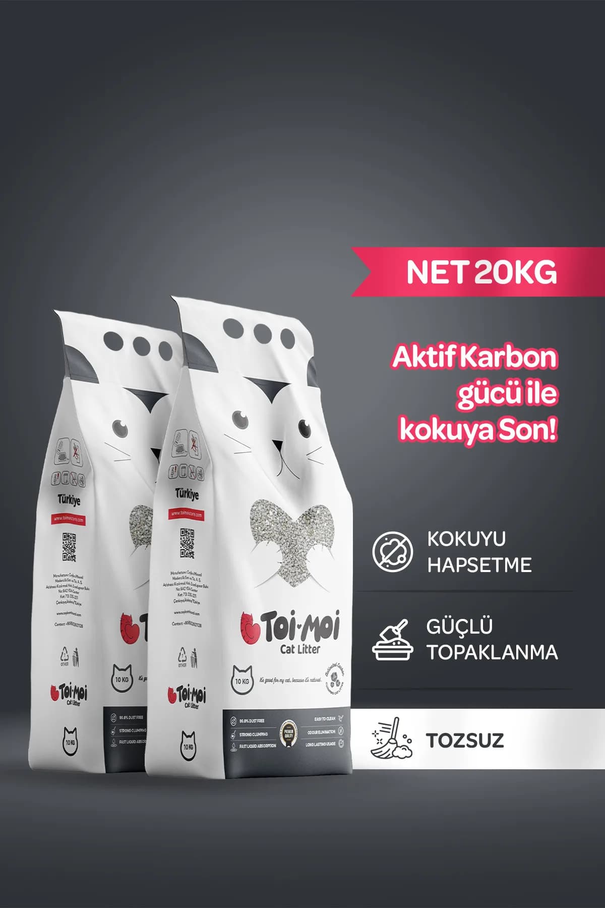 Toi Moi Aktif Karbonlu Tozsuz Bentonit Kedi Kumu 2 x 10 kg
